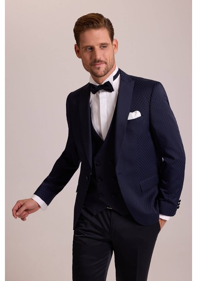 Ysf Erkek Lacivert Kırlangıç Yaka Yelekli Desenli Slim Fit Damatlık
