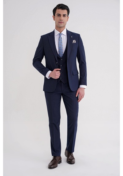 Efor Slim Fit Çift Yırtmaç Ekoseli Esnek Yünlü Yelekli Klasik Lacivert Takım Elbise Tk 934 Lacivert Efor Slim Fit Çift Yırtmaç Ekoseli Esnek Yünlü Yelekli Klasik Lacivert Takım Elbise Tk 934 Lacivert