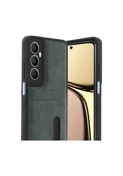 Realme C65 Uyumlu Sara Kartvizitli Deri Kılıf - Yeşil