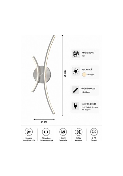 Yumi Modern Led Duvar Apliği Günışığı Gri