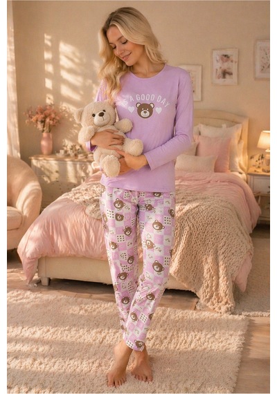 Rindahomewear Kadın Ayıcık Baskılı Süprem Uzun Kol Pijama Takımı Mor