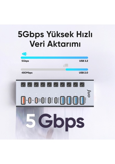 Juo Usb-a 10 Portlu Anahtarlı 5 Usb-a 5 Type-c 5gbps Pd Hızlı Şarj Destekli Usb 3.1 Çoklayıcı Dönüştürücü Hub