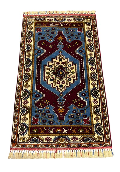 El Dokuma Sıfır Koleksiyonluk Yahyalı Halısı 93x160 Mavi Kırmızı Yün Kök Boya