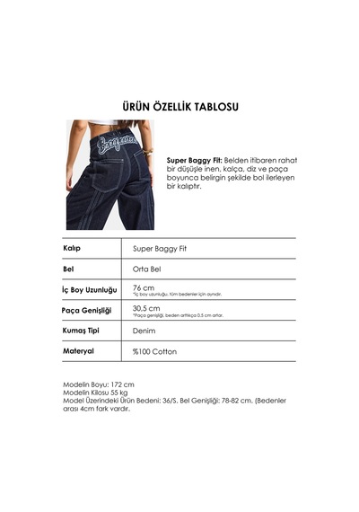 Itsbasic Kadın İndigo Selvedge 7s6-50 Süper Baggy Fit Nakışlı Tasarım Denim Jean