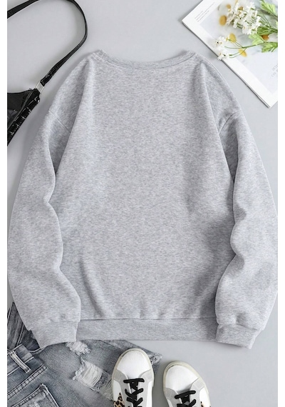 Unisex Uykucu Panda Baskılı Bisiklet Yaka Sweatshirt Gri