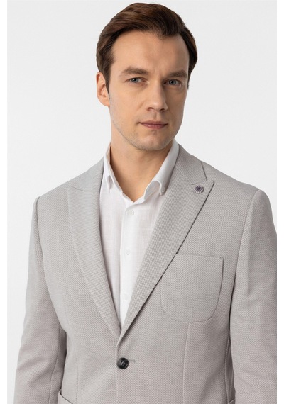 Süvari Gri Slim Fit Armürlü Sivri Yaka 6 Drop Ceket