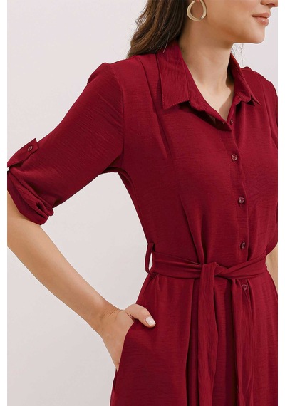 Bigdart Kadın Bordo Kuşaklı Gömlek Elbise 2442 Bordo