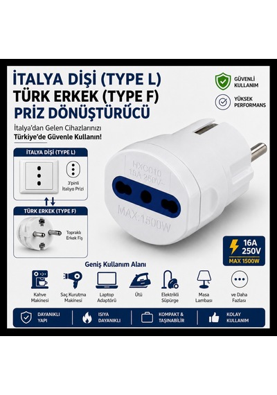 İtalya Dişi (Type L) Türk Erkek (Type F) Priz Dönüştürücü 16A 250V İtalya Uyumlu 3 Pin Adaptör -