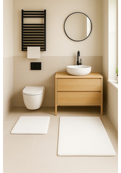 Buççin Online Mağaza Modern Dekoratif Kaymaz Taban Banyo Paspası Klozet Takımı 60x100-50x60 Cm Polyester Beyaz Çok Renkli