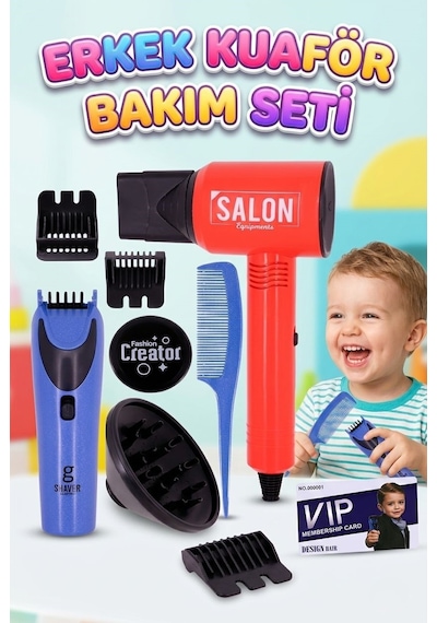 Çocuk Berber Kuaför Seti - Işıklı Sesli Tıraş Makinesi ve Fön Makinesi Rol Yapma Oyuncak Seti