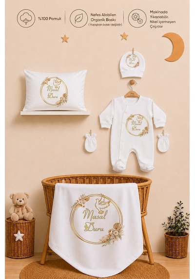 Pia Baby Kız Bebek Tulum Seti İsim Baskılı %100 Pamuk Yastık Kılıfı Ve Battaniye 1081tyb0x Ekru