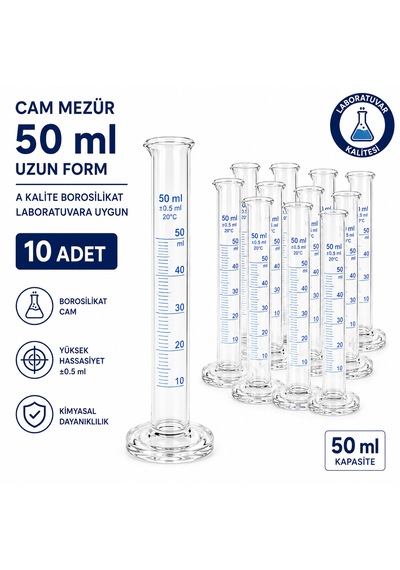 Cam Mezür 50 Ml Uzun Form A Kalite Borosilikat Laboratuvara Uygun 10 Adet