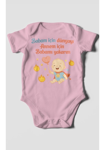 Morivokids Babaya Ve Anneye Özel Kısa Kollu Bebek Body %100 Pamuk Koyu Pembe