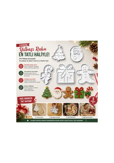 5'li Yılbaşı Konseptli Kurabiye Ve Şeker Hamuru Kalıbı Seti - Noel Baba, Çam Ağacı, Kurabiye Adam, Hediye Paketi, Baston Şeker