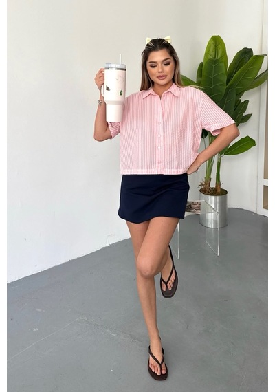 Jee Lee Kadın Kısa Kollu Çizgili Gömlek Pembe - 26y 2124 Pembe