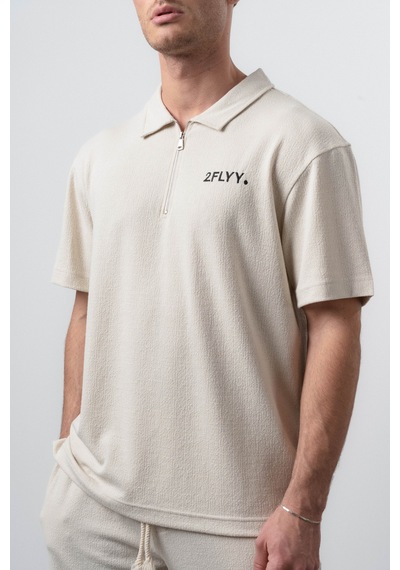 Erkek 2flyy Yazılı Yarım Fermuarlı Regular Fit T-shirt Şort Takım Bej