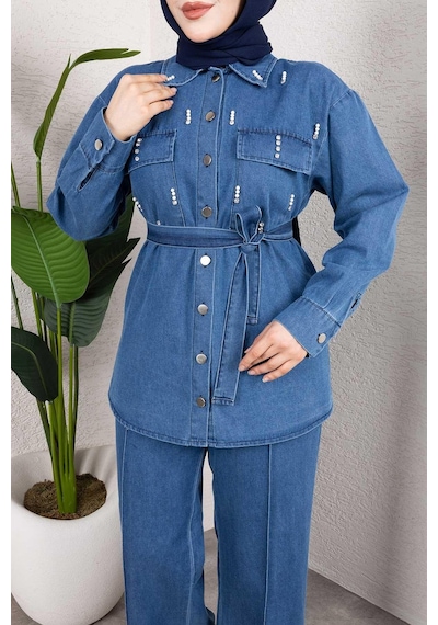 Misskayle Taş Detaylı Kuşaklı Denim Tesettür Takım Açık Mavi Açık