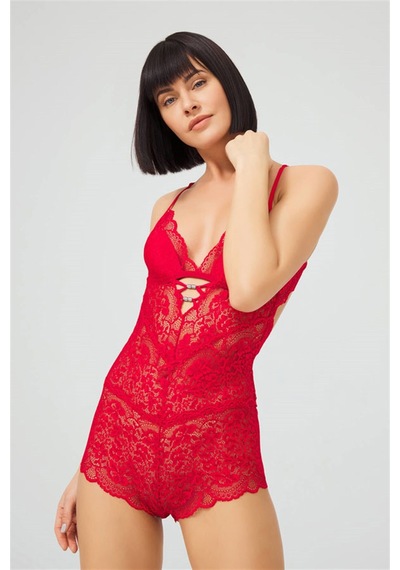 Cottonhill Kırmızı Çıtçıtlı Sırt Dekolte Transparan Kaplı Dantelli Bodysuit Kirmizi