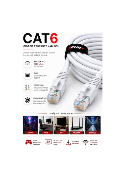 Fury Cat6 Ethernet Kablosu 20 Metre Rj45 Lan İnternet Modem Router Bilgisayar Kablosu