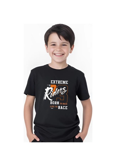 Panios Kids Extreme Riders Baskılı Erkek Çocuk Yuvarlak Yaka Kısa Kollu T-shirt Siyah