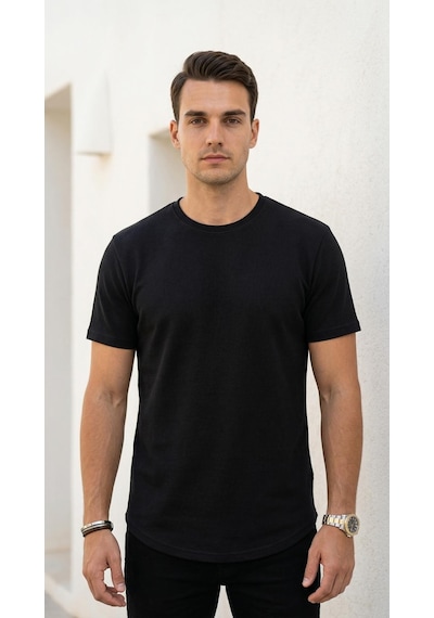 Plus Scorpion Erkek Slim Fit Basic Tişört Esnek, Terletmeyen Pike Dokulu Kumaş Siyah
