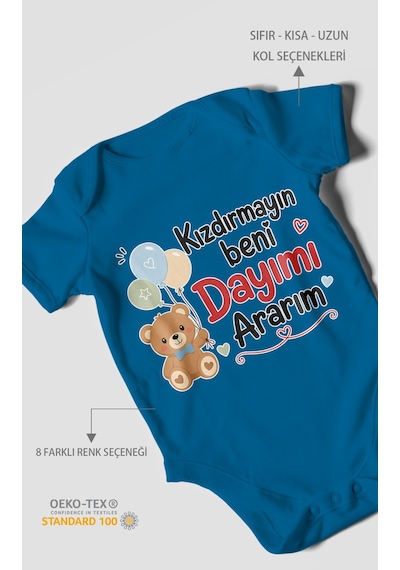 Morivokids Kızdırmayın Beni Dayımı Ararım Kısa Kollu Bebek Body %100 Pamuk Koyu Mavi