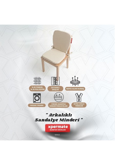 Arkalıklı Sandalye Minderi Oval Bağcıklı Mutfak Bahçe Balkon Minderi Bej