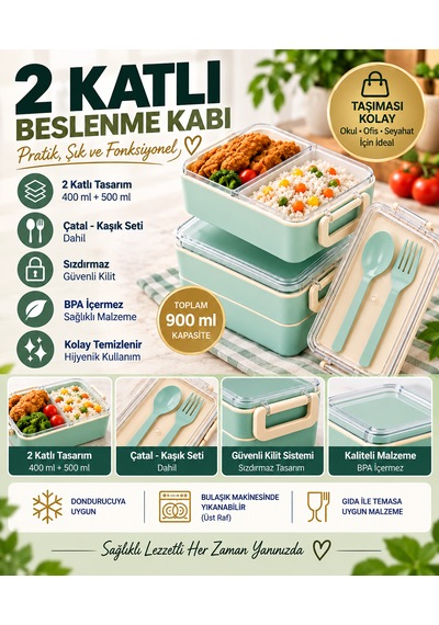 2 Katlı Bölmeli Sefer Tası / Beslenme Kabı 900ml - Kaşık Çatal Setli, Sızdırmaz Ve Bpa İçermez Açık Mavi