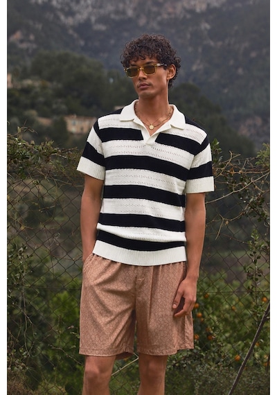 Tarz Cool Erkek Oversize Kalın Örgü Polo Yaka Triko Fileli Tişört Çizgili Vintage Yazlık Rahat Fit Beyaz