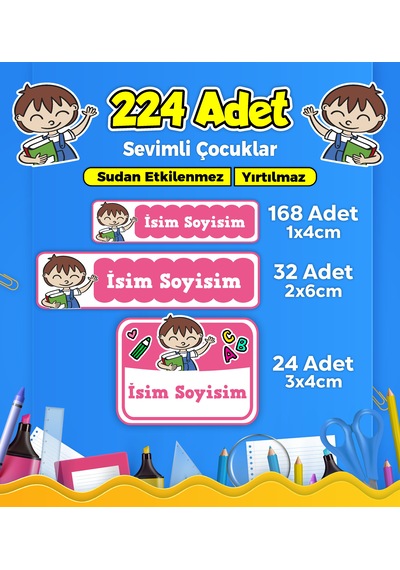 Sevimli Çocuklar Temalı Okul Kreş Kişiye Özel İsim Etiket Seti - Model 244 Çok Renkli