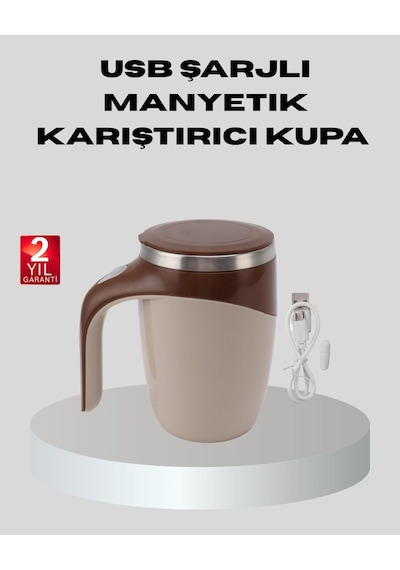 Manyetik Karıştırıcı Kupa Usb Şarjlı Otomatik Karıştırma Çift Katmanlı Ahşap