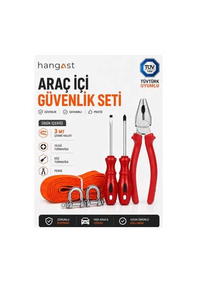 Araç İçi Güvenlik Seti Pense+tornavida+3 Metre Çeki Halatı
