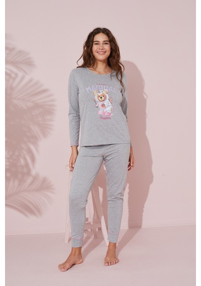 Siyah İnci Baskılı Pamuklu Örme Pijama Takım 24241095 Gri