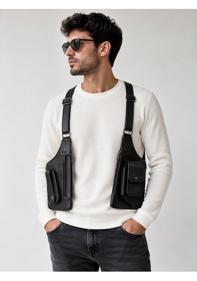 Newish Polo Newishpolo Erkek Siyah Vegan Deri Çapraz Askılı Çok Cepli Harness Göğüs Çantası - New424