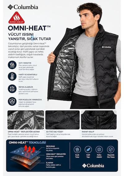 Columbia Walker Mill Fs Heat Seal Omni-heat Kaz Tüyü Erkek Yelek Xo8369-010 Siyah