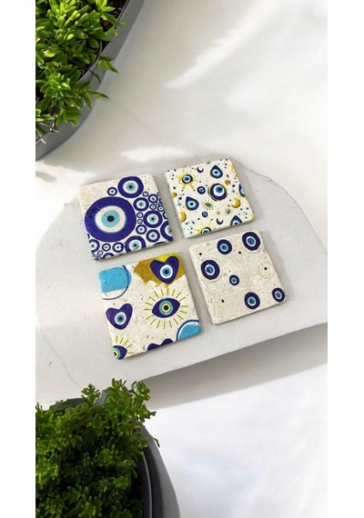 Doğal Taş Bardak Altlığı Nazar Boncuğu Baskılı 4'lü Set - Evil Eye Stone Coasters Çok Renkli
