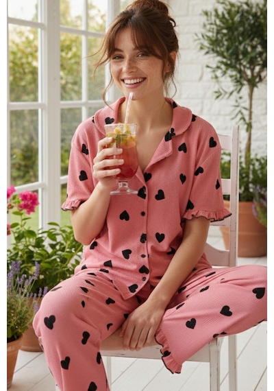 Siyah İnci Bürümcük-krınkıl Kısa Kollu Düğmeli Pijama Takım 26120527 Pembe Kalp Siyah İnci Bürümcük-krınkıl Kısa Kollu Düğmeli Pijama Takım 26120527 Pembe Kalp