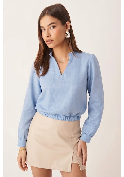Armonika Kadın Bebe Mavi V Yaka Yakası Pile Detaylı Beli Lastikli Manşetli Bluz Arm-26k001020 Armonika Kadın Bebe Mavi V Yaka Yakası Pile Detaylı Beli Lastikli Manşetli Bluz Arm-26k001020