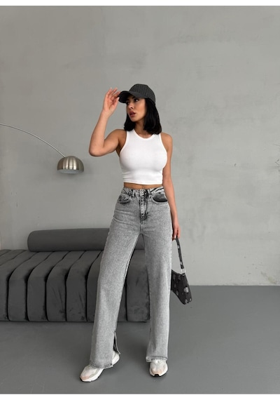 Yırtmaç Detaylı Boru Paça Grey Snow Wash Jean Gri