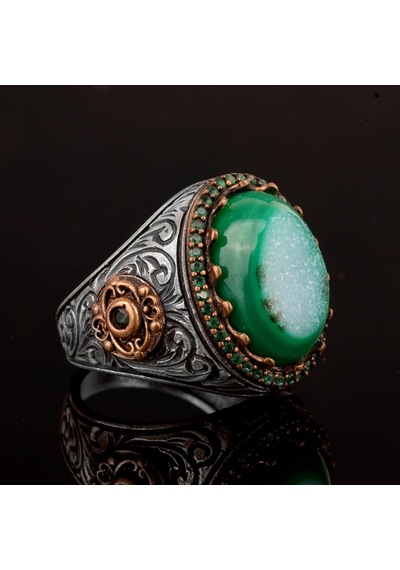 Gerçek Doğal Drusy Kristal Kuvars Taşı Erkek Yüzüğü, Vintage Yüzük, 925 Ayar Gümüş Yüzük Gümüş