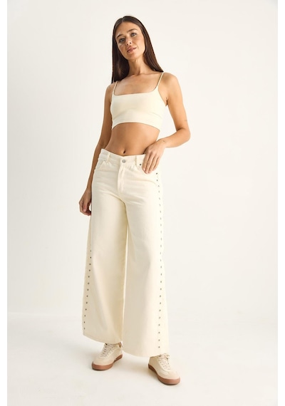 Shade Kadın Yanları Metal Detaylı Wide Leg Denim Pantolon 60282058 - Krem