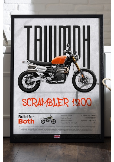 Triumph Scrambler 1200 Siyah Ahşap Çerçeveli Dekoratif Motosiklet Duvar Tablosu