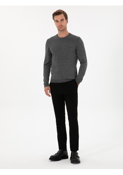 Cacharel Füme Slim Fit Yün Karışımlı Bisiklet Yaka Basic Triko Kazak Gri