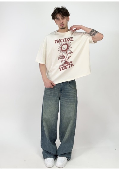 Zaee Native Youth Baskılı Oversize T-shirt Krem
