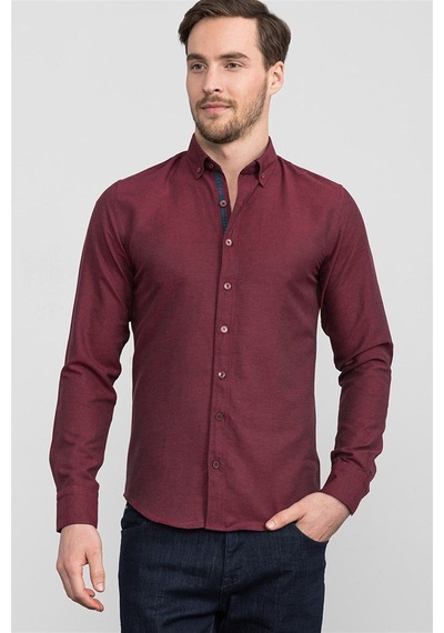 Tudors Erkek Slim Fit Dar Kesim Uzun Kollu Pamuklu Oxford Doku Kolay Ütülenebilir Bordo Düğmeli Yaka Gömlek-12623 Bordo