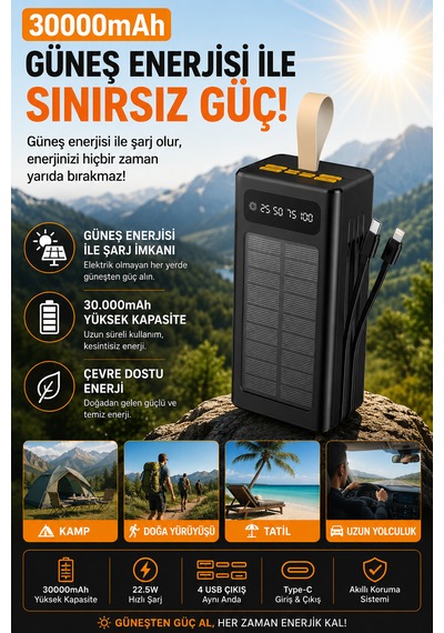 30000mah Güneş Enerjili Powerbank 22.5w Hızlı Şarj 4 Usb Çıkışlı Dahili Kablolu Taşınabilir Harici Batarya 30.000 Mah