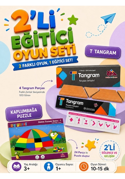 2'li Oyun Seti - T-tangram Ve Kaplumbağ Puzzle - Eğitici Ve Öğretici Oyun Seti