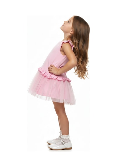 Toontoy Kids Toontoy Kız Çocuk Regular Fit Bisiklet Yaka Fırfır Kol Fiyonk Detaylı Tüllü Elbise 25047 Pembe