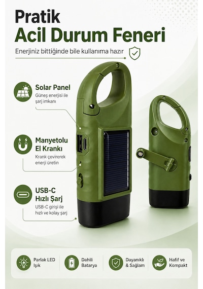 Solar Panelli Şarjlı Dinamolu Powerbank Fener El Kranklı Usb-c Kamp Ve Acil Durum Lambası Karabinalı Yeşil