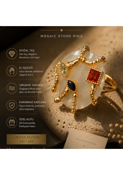 Riody Atelier No.01 Mosaic Stone Ring Koleksiyon Serisi Doğal Taş Statement Ring Sarı Altın